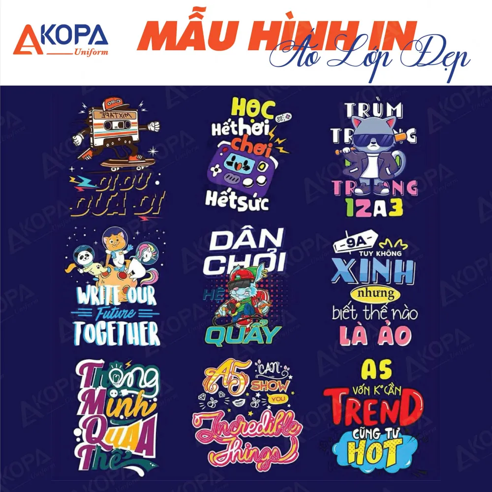 Bộ sưu tập mẫu hình in áo lớp hiện đại phong cách slogan và mascot hoạt hình cá tính