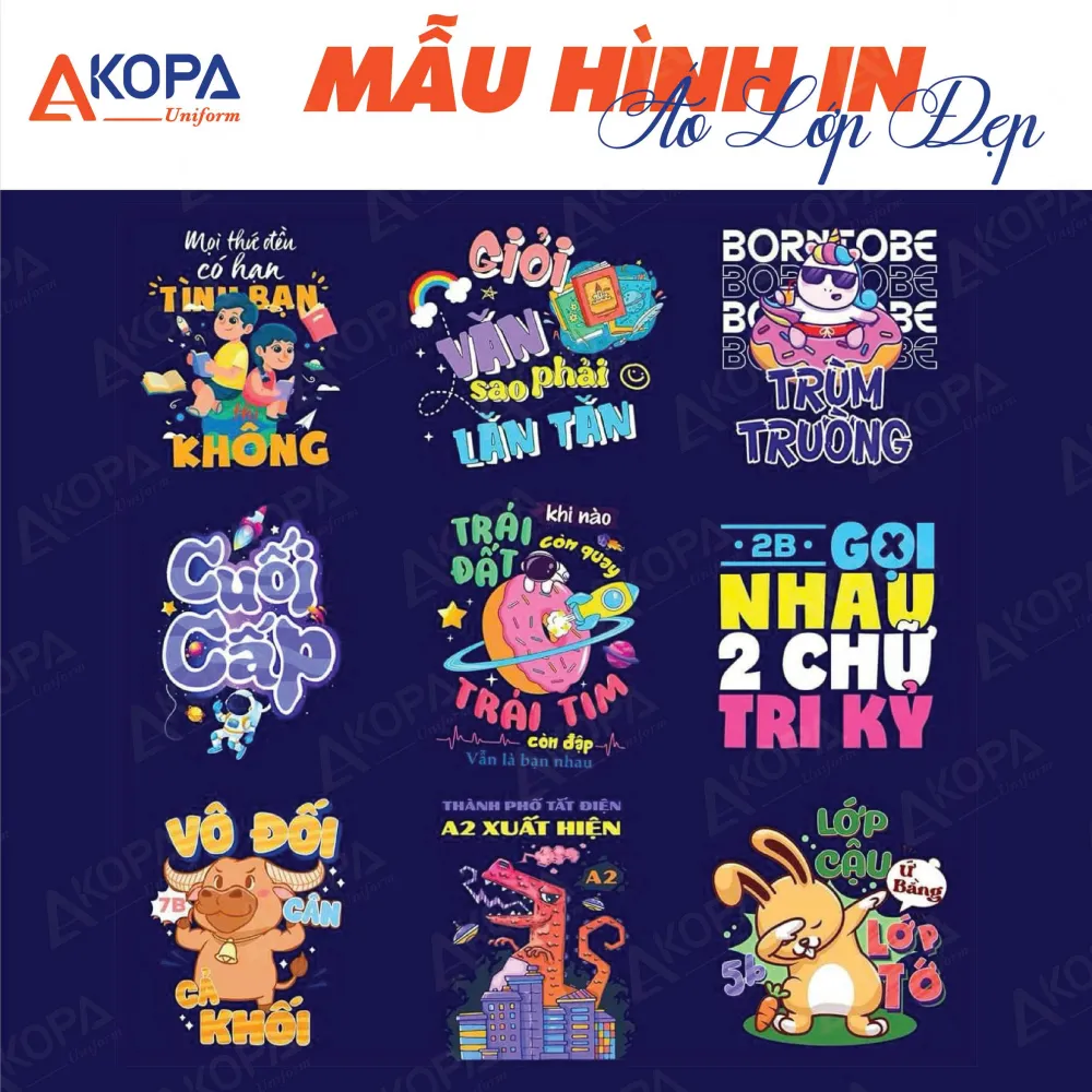 Mẫu áo lớp độc đáo kết hợp hình minh họa không gian, slogan vui nhộn, tạo điểm nhấn cho đồng phục lớp hiện đại.