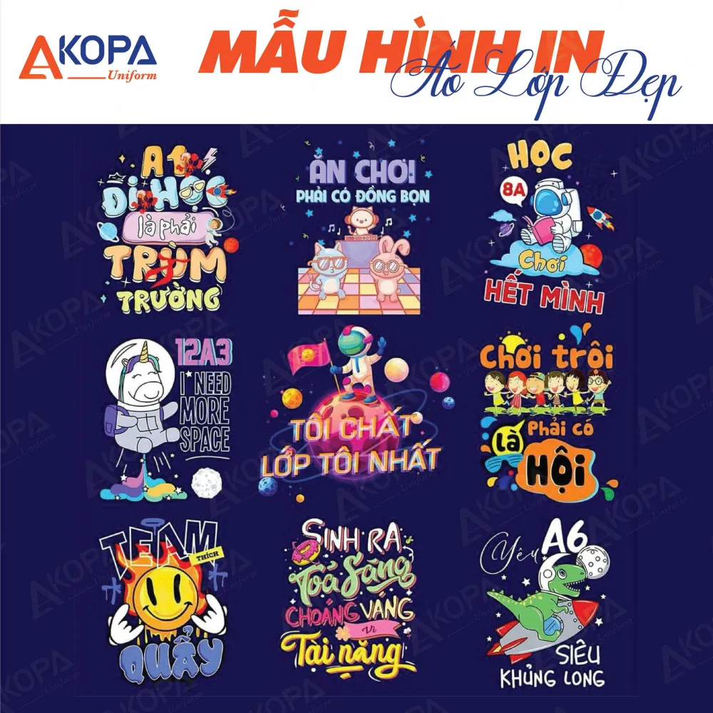 Các mẫu áo lớp đẹp tập trung vào font chữ phá cách, bố cục rõ ràng, phù hợp đặt in áo lớp số lượng lớn.