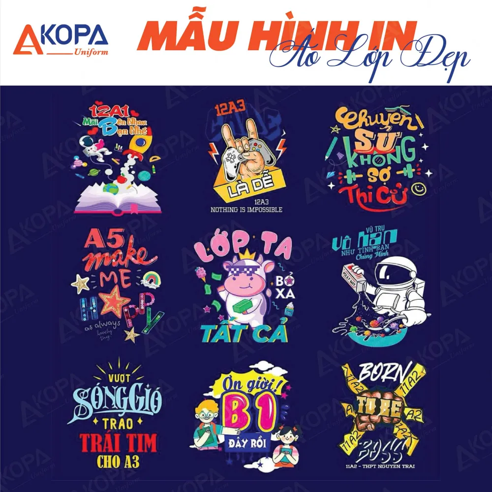 Mẫu hình in áo lớp hiện đại với hình minh họa dễ thương và slogan truyền cảm hứng