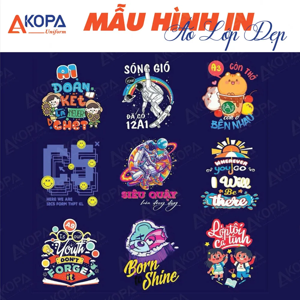 Mẫu hình in áo lớp hiện đại với phong cách siêu quậy và slogan tuổi trẻ năng động