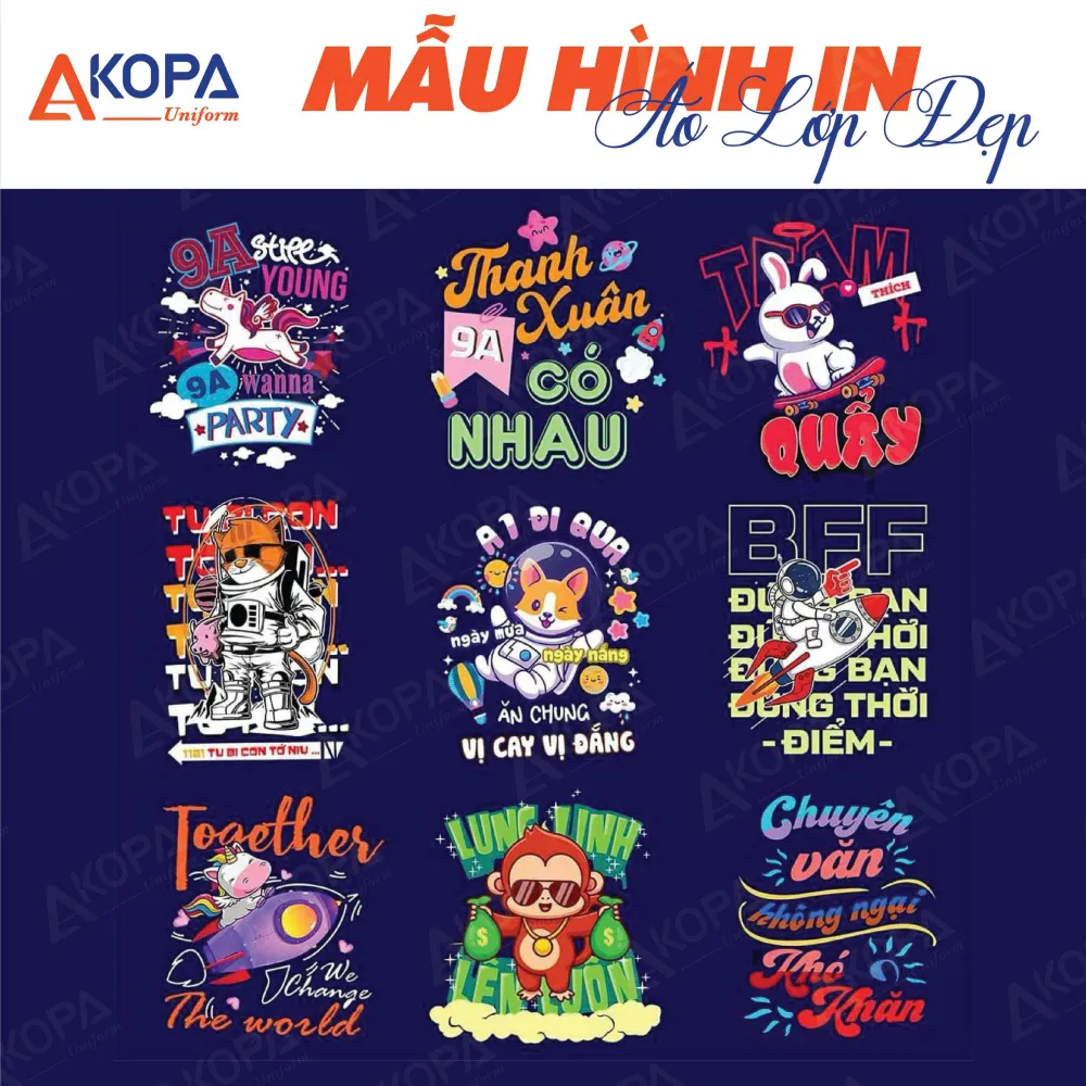 Các mẫu hình in áo lớp hiện đại mang tinh thần vui tươi, thích hợp đặt may áo lớp theo yêu cầu tại xưởng.