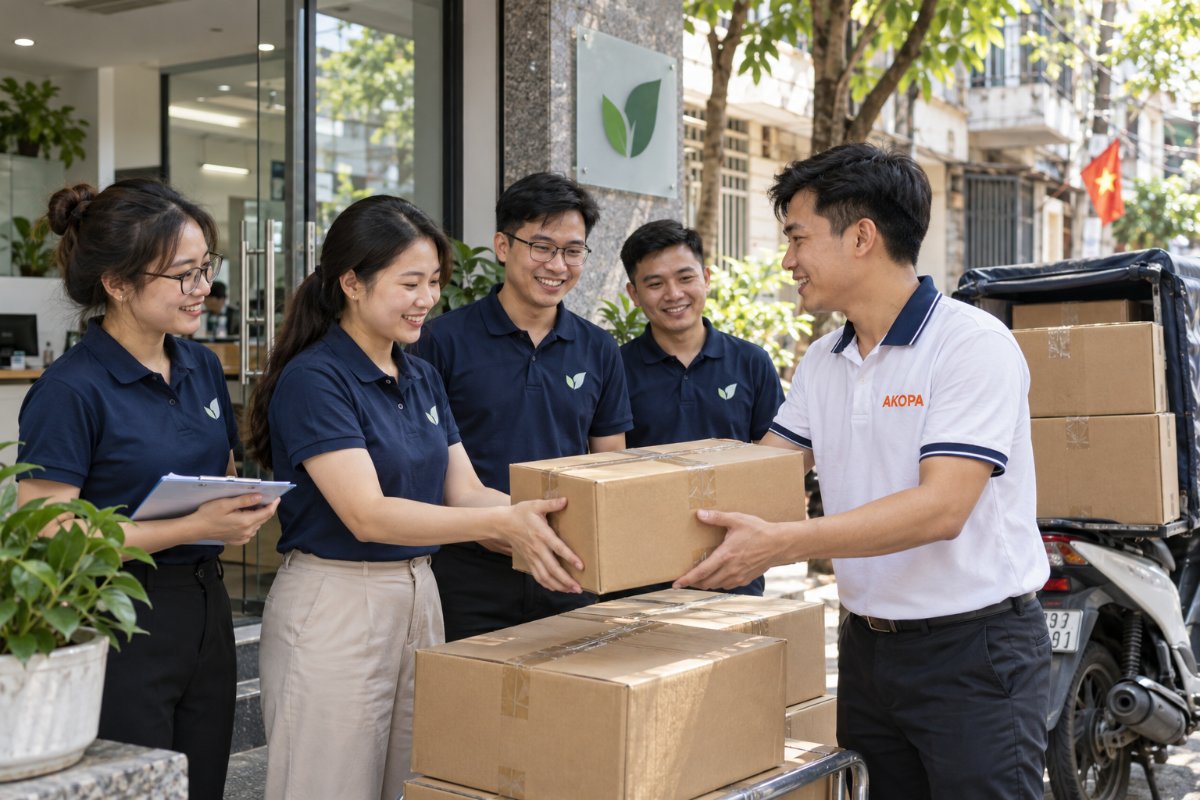 Nhân viên AKOPA giao áo đồng phục tận nơi cho doanh nghiệp