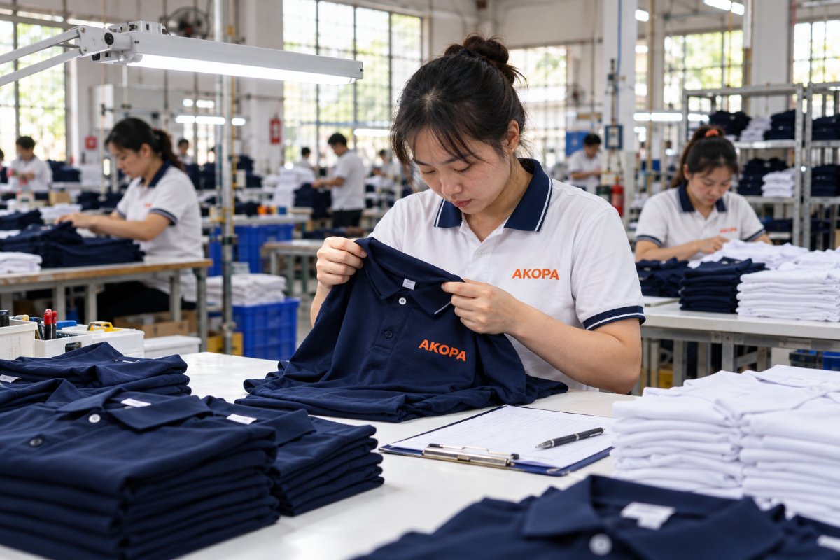 Nhân viên AKOPA kiểm tra đường may và logo từng áo