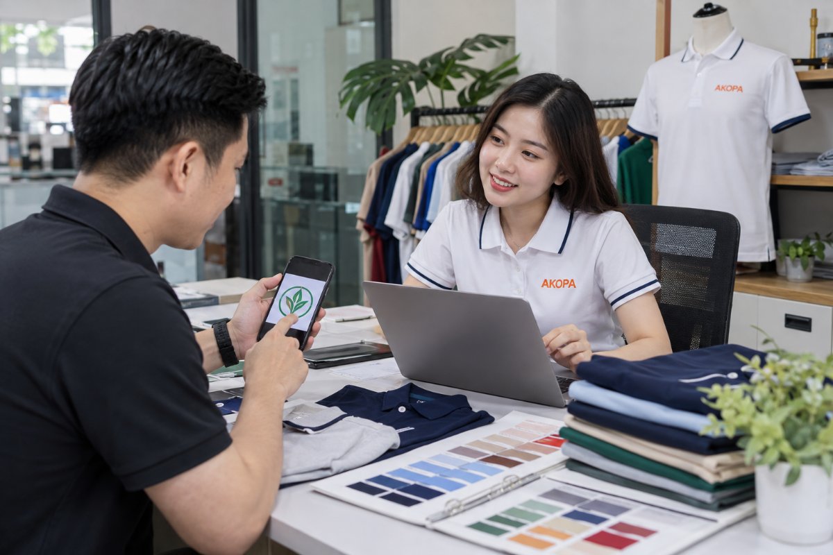 Nhân viên AKOPA tư vấn và báo giá áo đồng phục cho khách doanh nghiệp