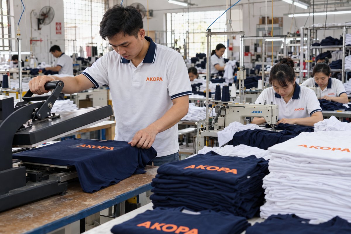 Công nhân AKOPA ép in logo lên áo thun tại xưởng