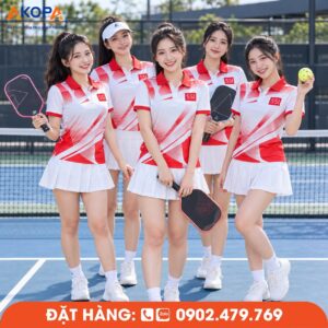 Áo Đồng Phục Pickleball Nữ Trắng Phối Đỏ