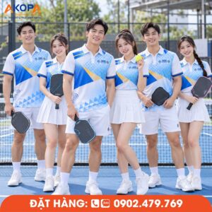 Áo Đồng Phục Pickleball Trắng Họa Tiết Xanh Vàng