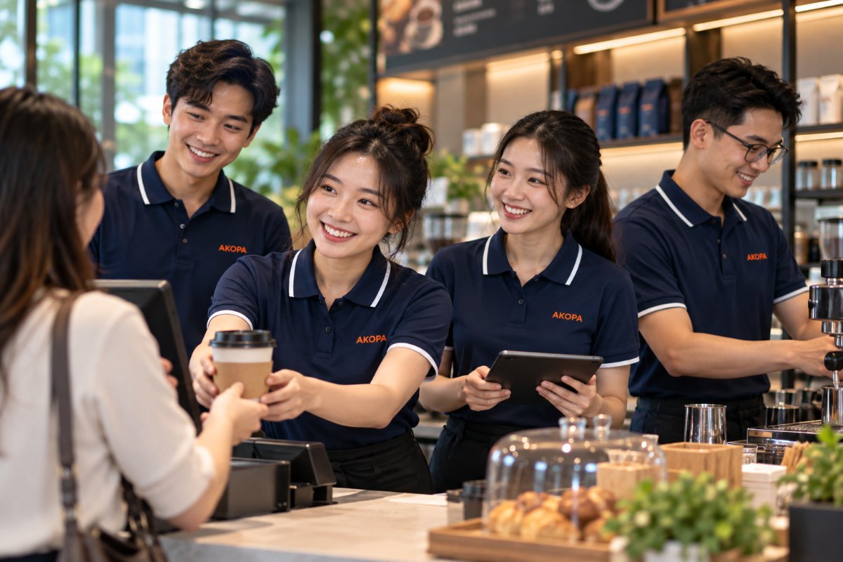 Nhân viên cửa hàng mặc áo polo đồng phục AKOPA