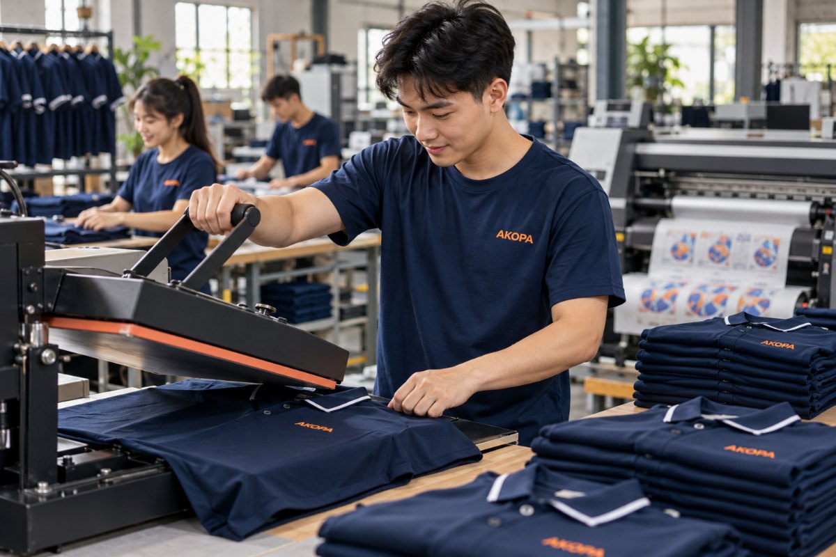 Thợ in ép logo DTF lên áo đồng phục tại xưởng AKOPA